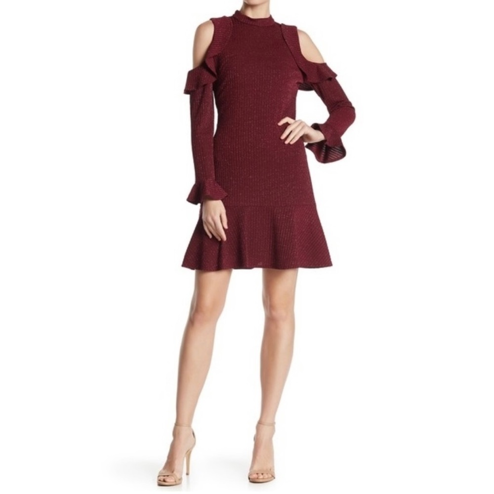 CeCe Cold Shoulder Metallic Mini Party Dress Maroon Size New